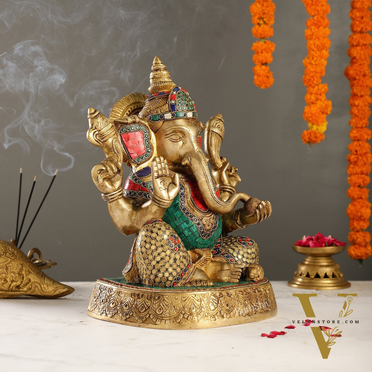 Brass Handcrafted Lord Ganesha Statue with Stonework | 15" Height