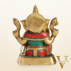 Brass Handcrafted Lord Ganesha Statue with Stonework | 15" Height