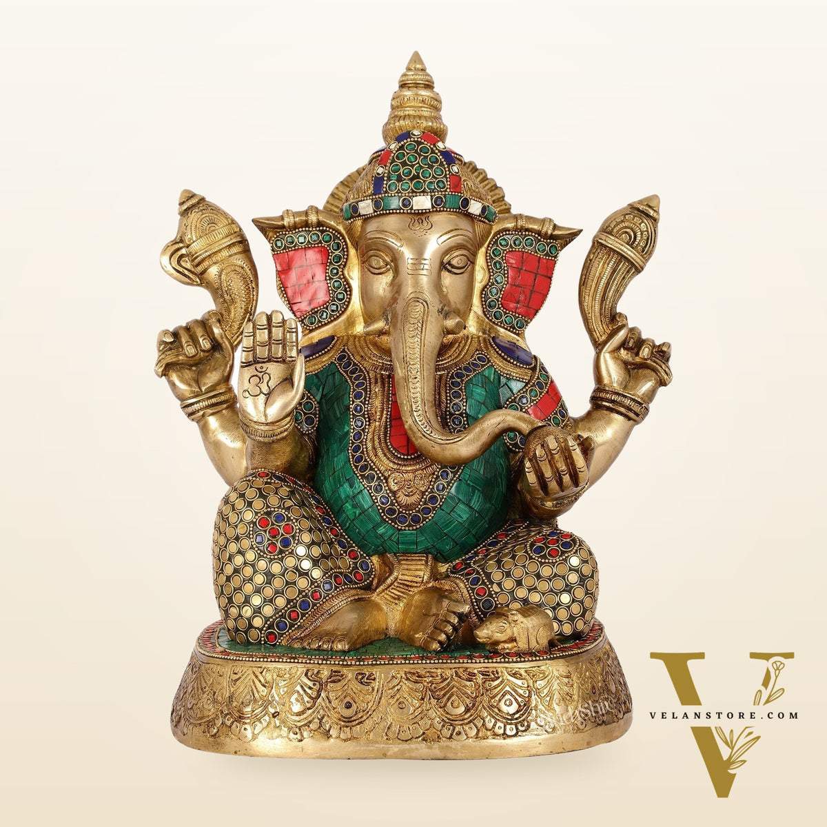 Brass Handcrafted Lord Ganesha Statue with Stonework | 15" Height