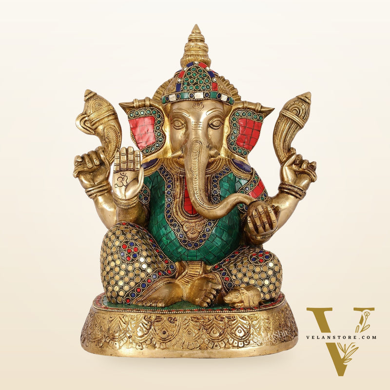 Brass Handcrafted Lord Ganesha Statue with Stonework | 15" Height