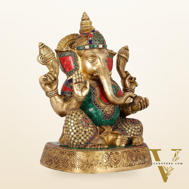 Brass Handcrafted Lord Ganesha Statue with Stonework | 15" Height
