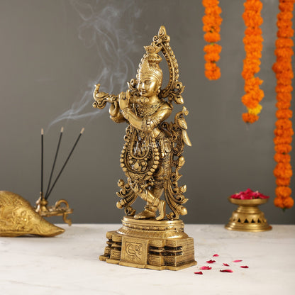 Brass Handcrafted Lord Krishna Idol - Unique Divine Sculpture | 15 inches