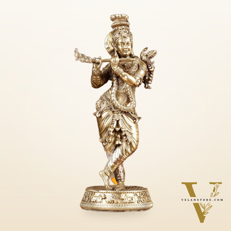 Brass Handcrafted Lord Krishna Idol with Fine Carvings | Height: 5.5 inch