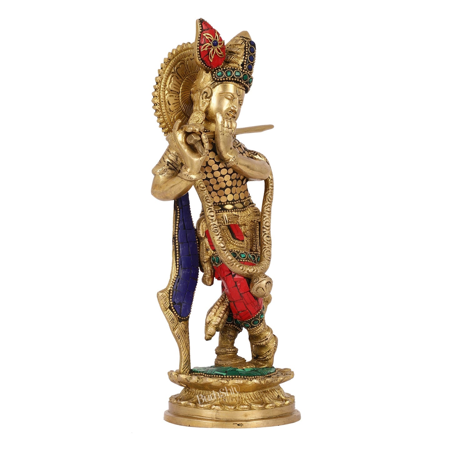 Brass Handcrafted Lord Krishna Idol with Stonework | Height 11 Inch