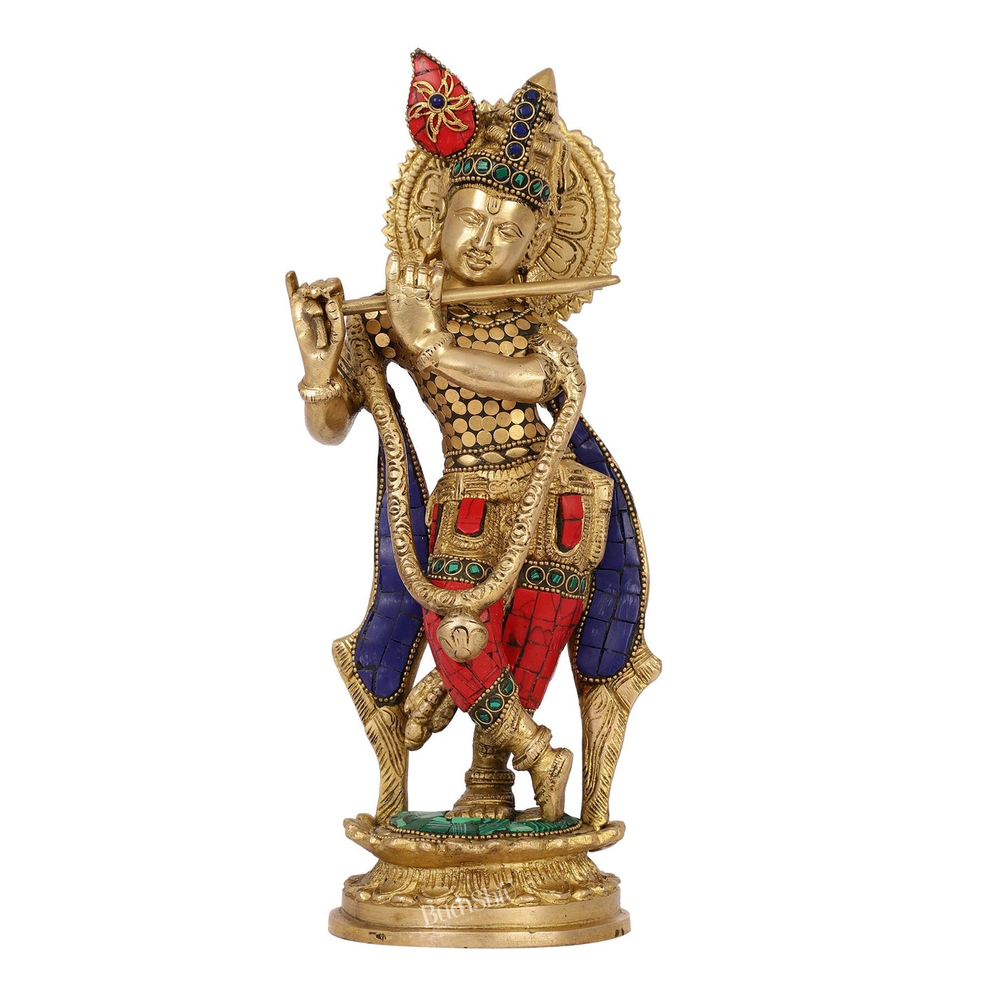 Brass Handcrafted Lord Krishna Idol with Stonework | Height 11 Inch