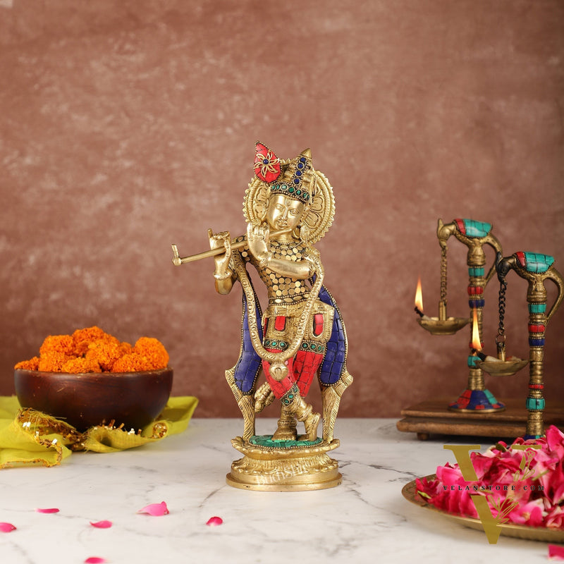Brass Handcrafted Lord Krishna Idol with Stonework | Height 11 Inch