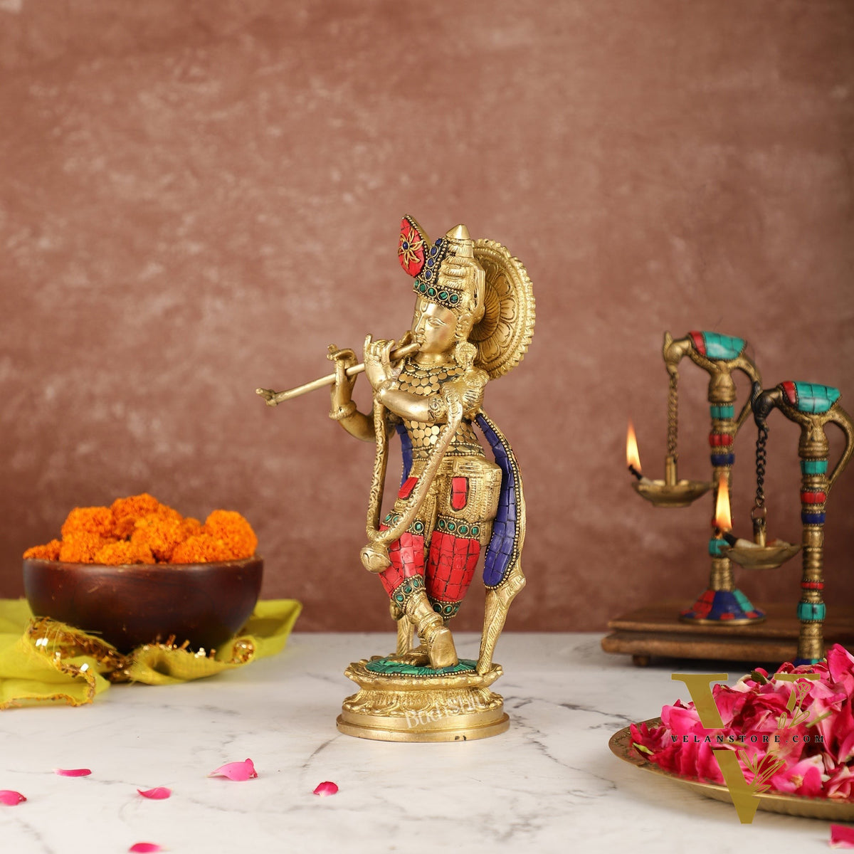 Brass Handcrafted Lord Krishna Idol with Stonework | Height 11 Inch