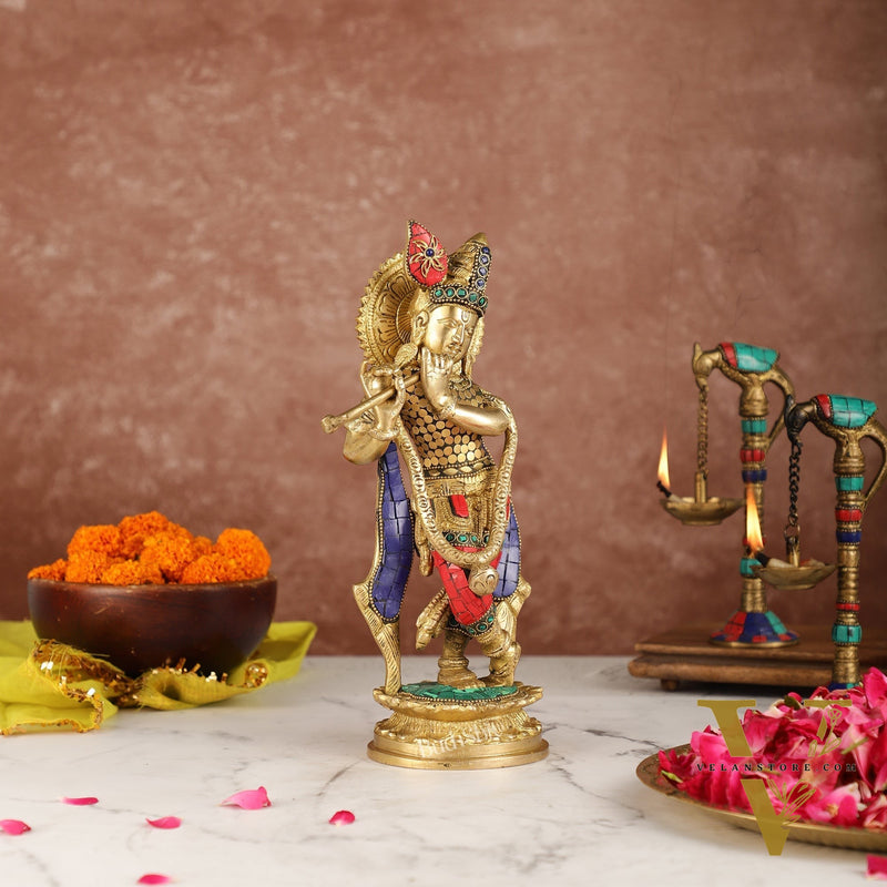 Brass Handcrafted Lord Krishna Idol with Stonework | Height 11 Inch