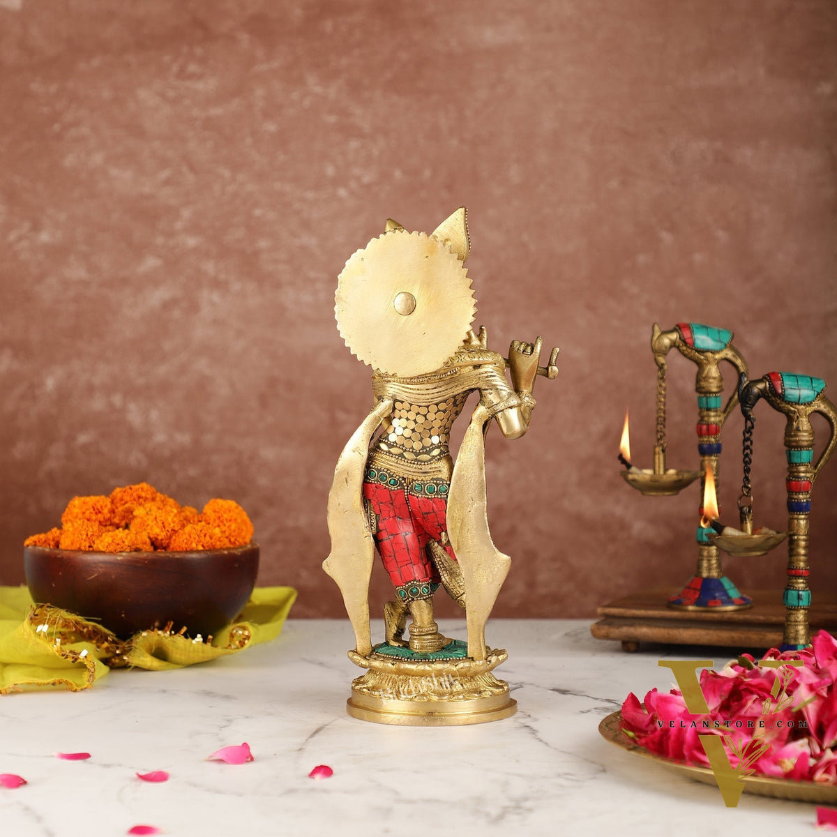 Brass Handcrafted Lord Krishna Idol with Stonework | Height 11 Inch