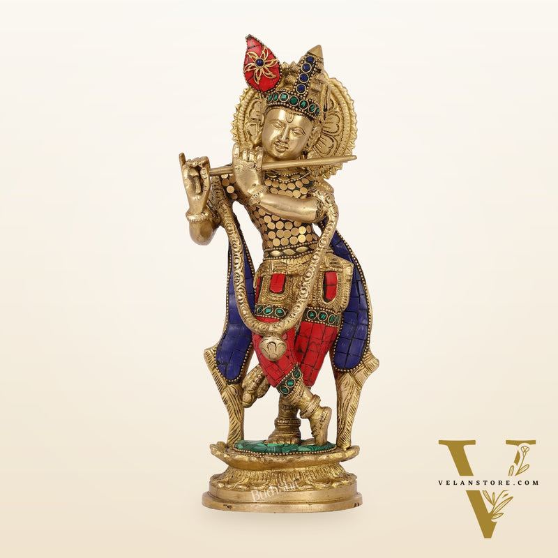 Brass Handcrafted Lord Krishna Idol with Stonework | Height 11 Inch