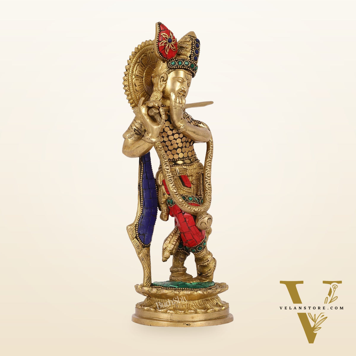 Brass Handcrafted Lord Krishna Idol with Stonework | Height 11 Inch