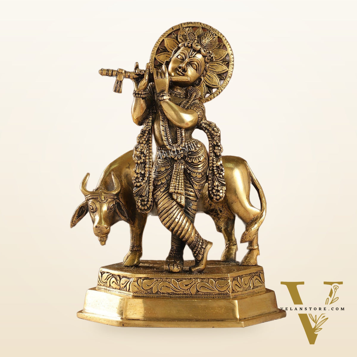 Brass Handcrafted Lord Krishna Playing Flute with Cow | 11.5" Height