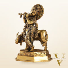 Brass Handcrafted Lord Krishna Playing Flute with Cow | 11.5" Height