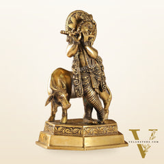 Brass Handcrafted Lord Krishna Playing Flute with Cow | 11.5" Height