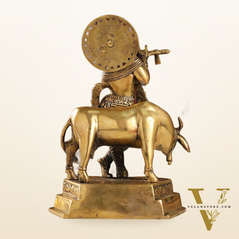 Brass Handcrafted Lord Krishna Playing Flute with Cow | 11.5" Height
