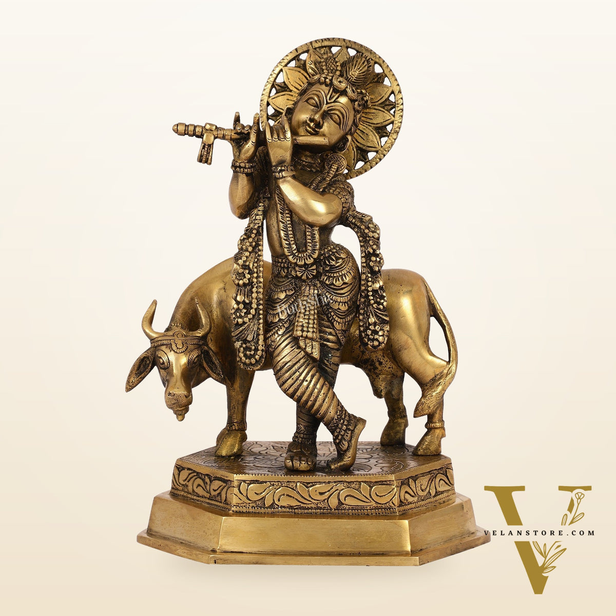 Brass Handcrafted Lord Krishna Playing Flute with Cow | 11.5" Height