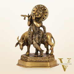 Brass Handcrafted Lord Krishna Playing Flute with Cow | 11.5" Height