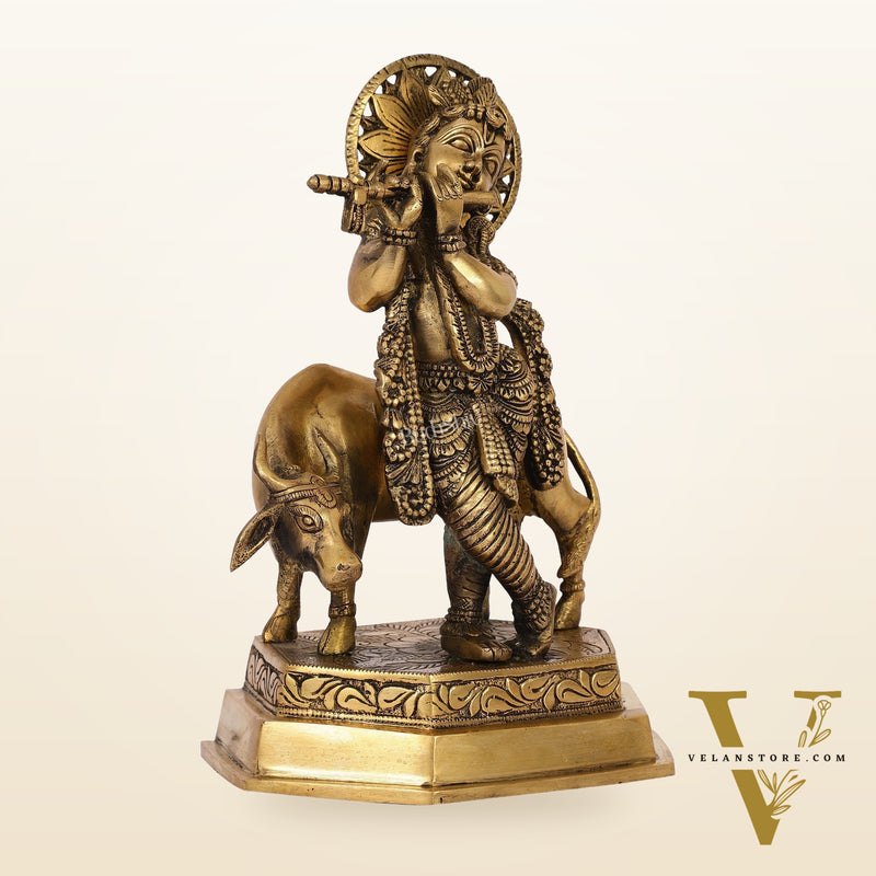 Brass Handcrafted Lord Krishna Playing Flute with Cow | 11.5" Height