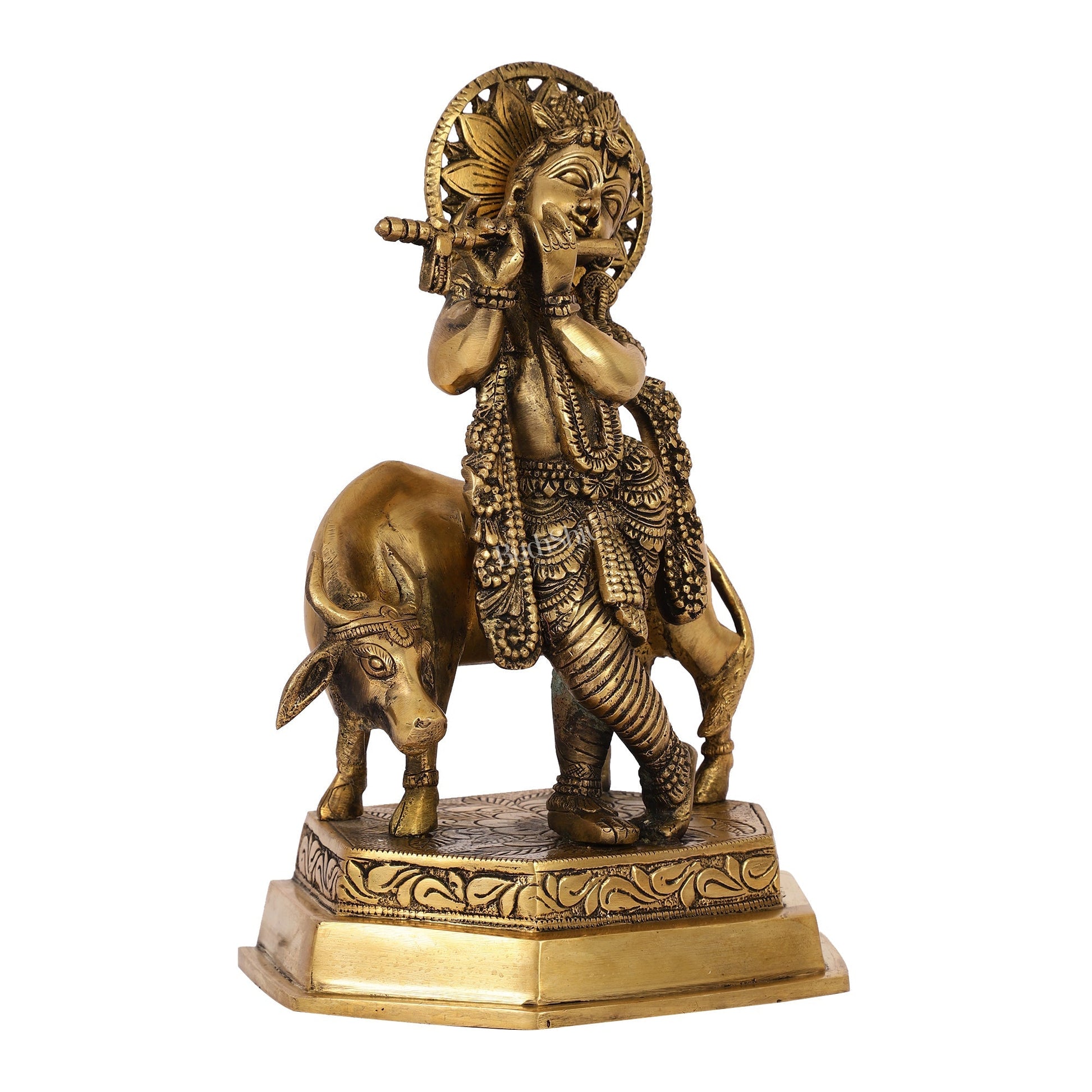 Brass Handcrafted Lord Krishna Playing Flute with Cow | 11.5" Height