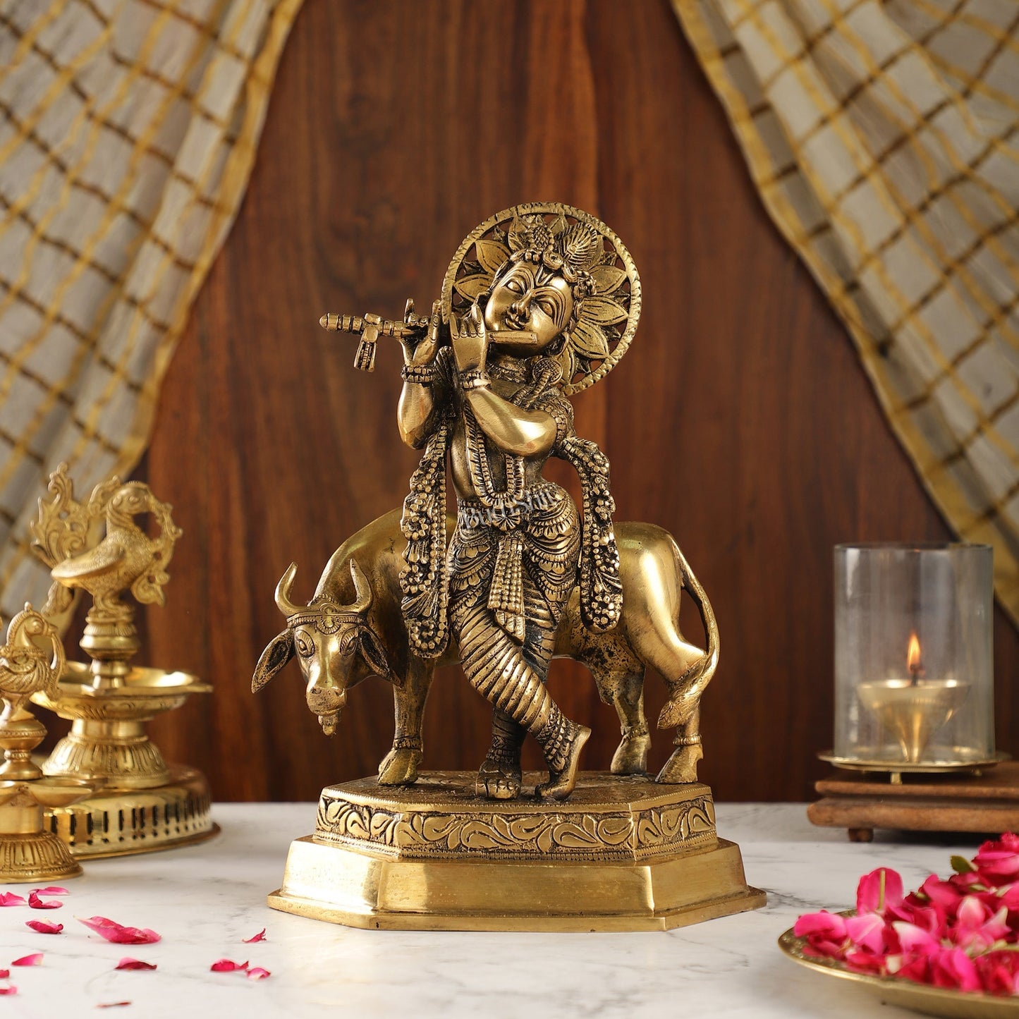 Brass Handcrafted Lord Krishna Playing Flute with Cow | 11.5" Height