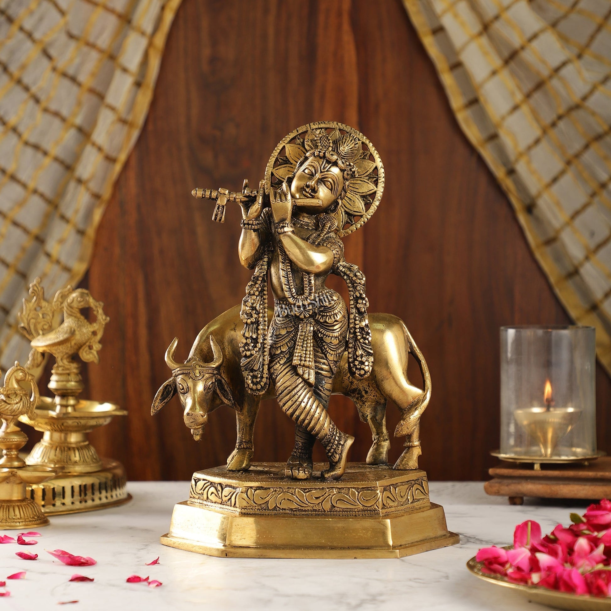 Brass Handcrafted Lord Krishna Playing Flute with Cow | 11.5" Height