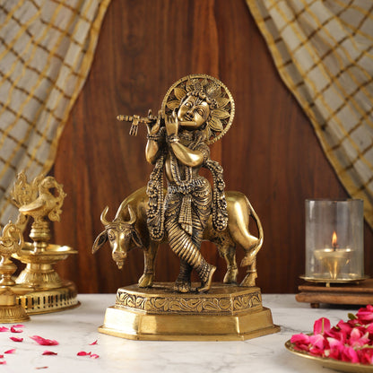 Brass Handcrafted Lord Krishna Playing Flute with Cow | 11.5" Height
