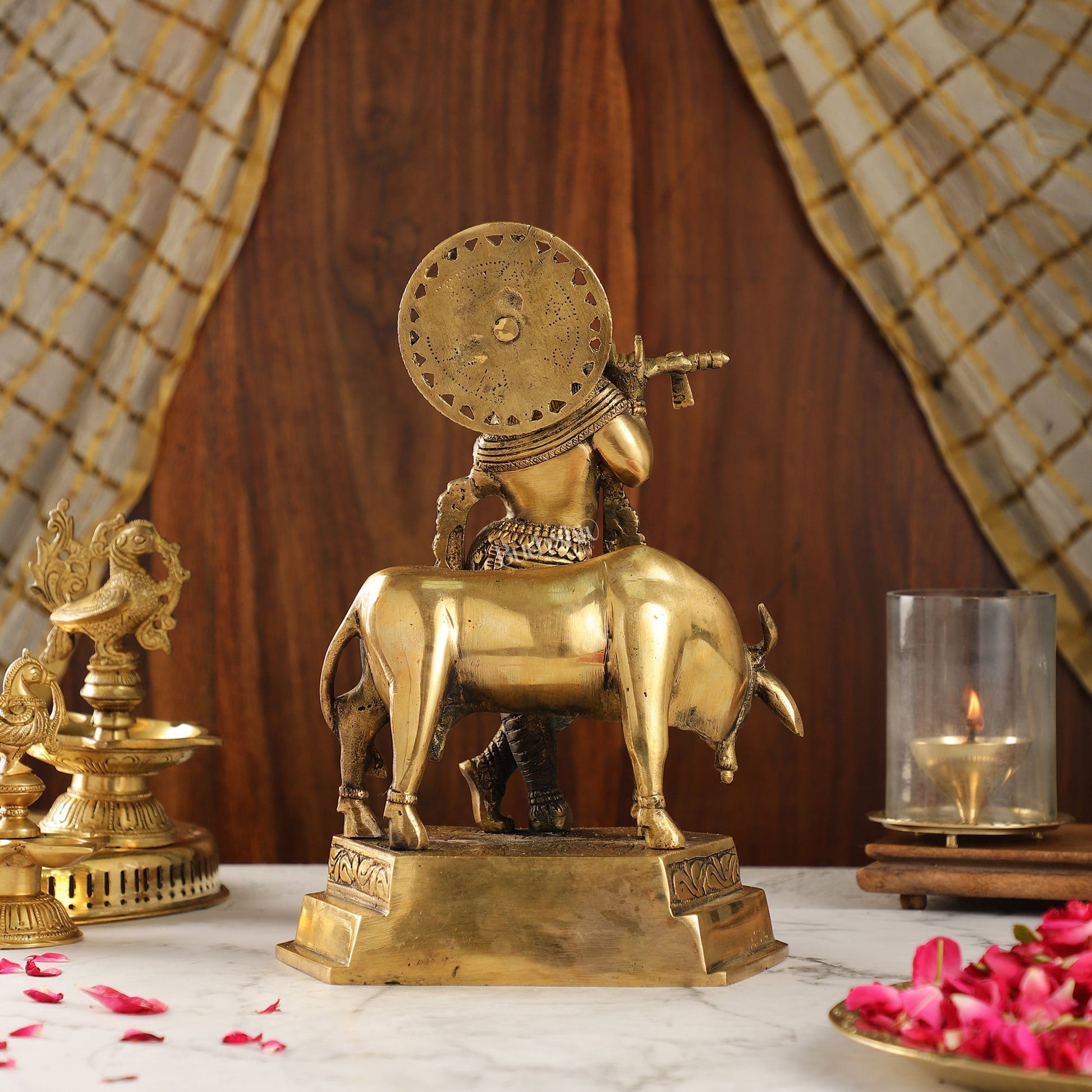 Brass Handcrafted Lord Krishna Playing Flute with Cow | 11.5" Height