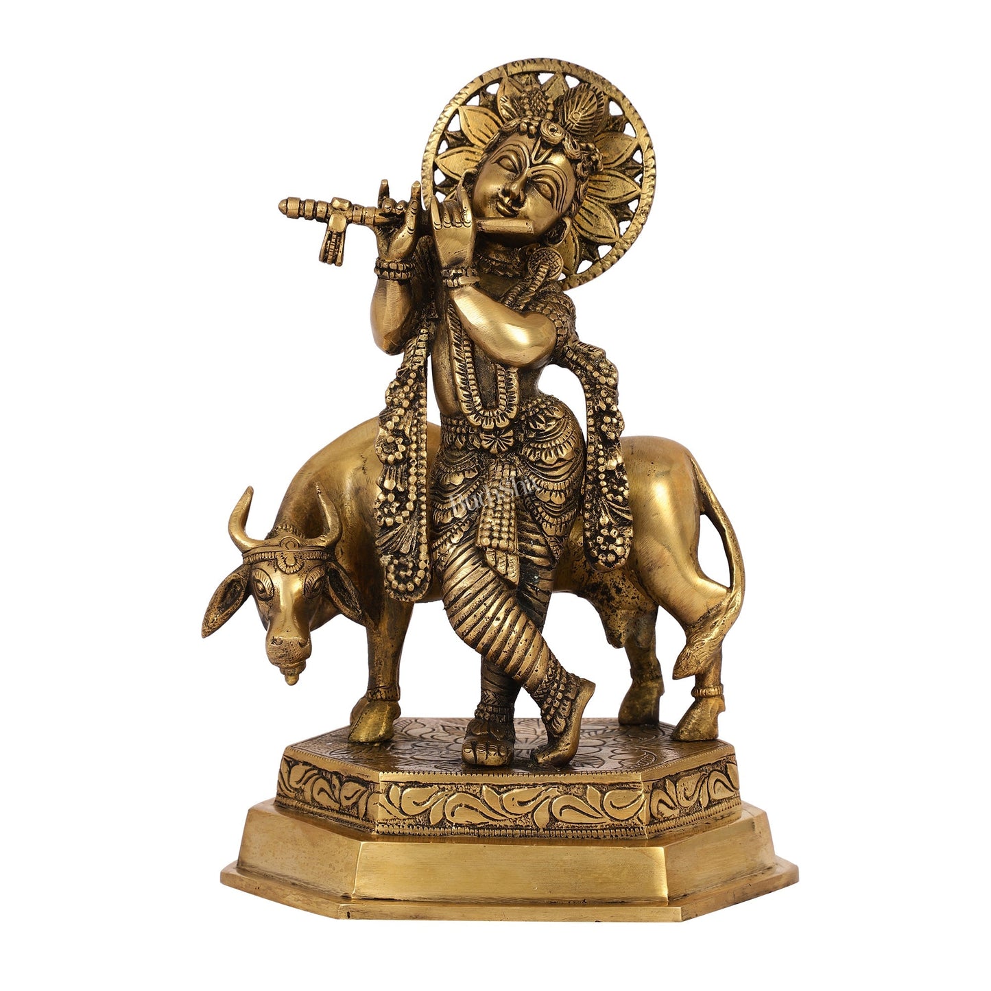 Brass Handcrafted Lord Krishna Playing Flute with Cow | 11.5" Height