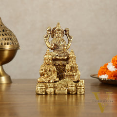 Brass Handcrafted Lord Kuber with Goddess Lakshmi and Chitralekha | Wealth and Prosperity Idol | 6" Height