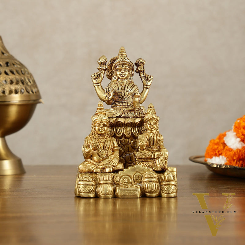 Brass Handcrafted Lord Kuber with Goddess Lakshmi and Chitralekha | Wealth and Prosperity Idol | 6" Height