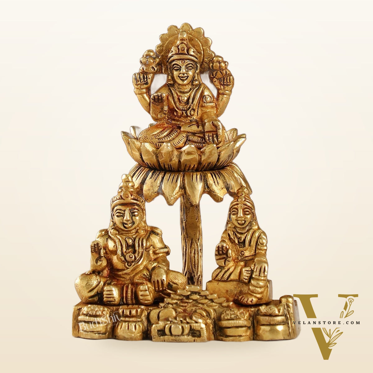 Brass Handcrafted Lord Kuber with Goddess Lakshmi and Chitralekha | Wealth and Prosperity Idol | 5" Height