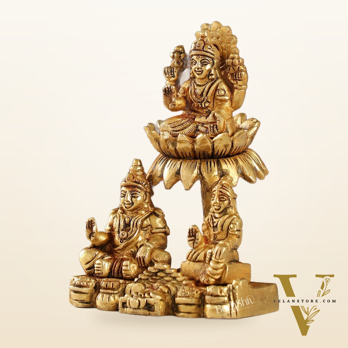 Brass Handcrafted Lord Kuber with Goddess Lakshmi and Chitralekha | Wealth and Prosperity Idol | 5" Height