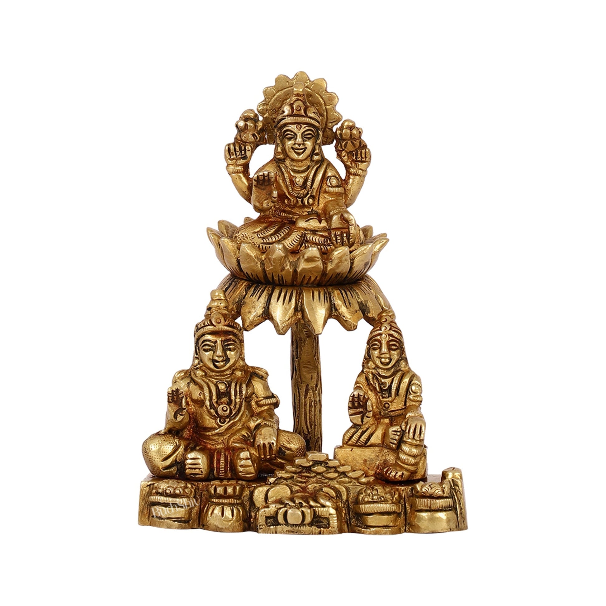 Brass Handcrafted Lord Kuber with Goddess Lakshmi and Chitralekha | Wealth and Prosperity Idol | 5" Height