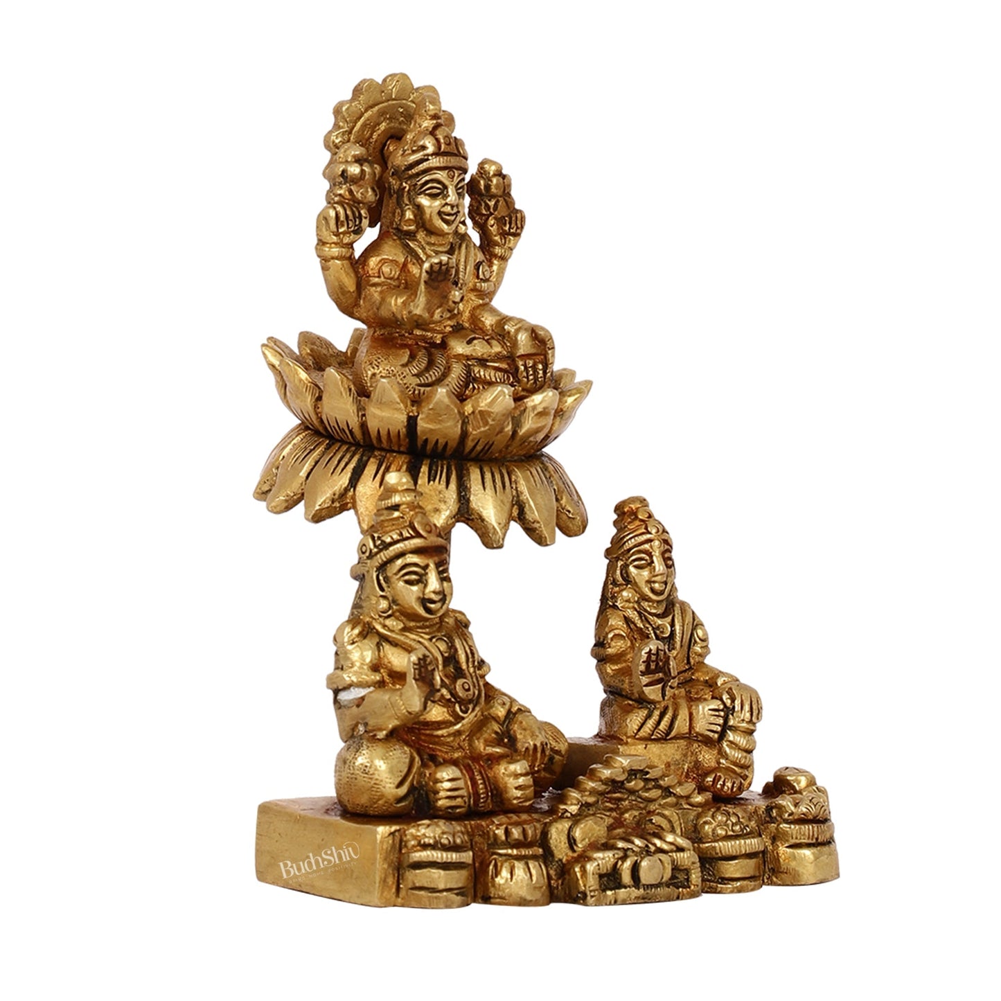 Brass Handcrafted Lord Kuber with Goddess Lakshmi and Chitralekha | Wealth and Prosperity Idol | 5" Height
