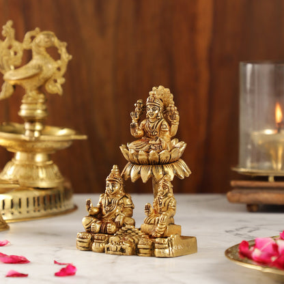 Brass Handcrafted Lord Kuber with Goddess Lakshmi and Chitralekha | Wealth and Prosperity Idol | 5" Height