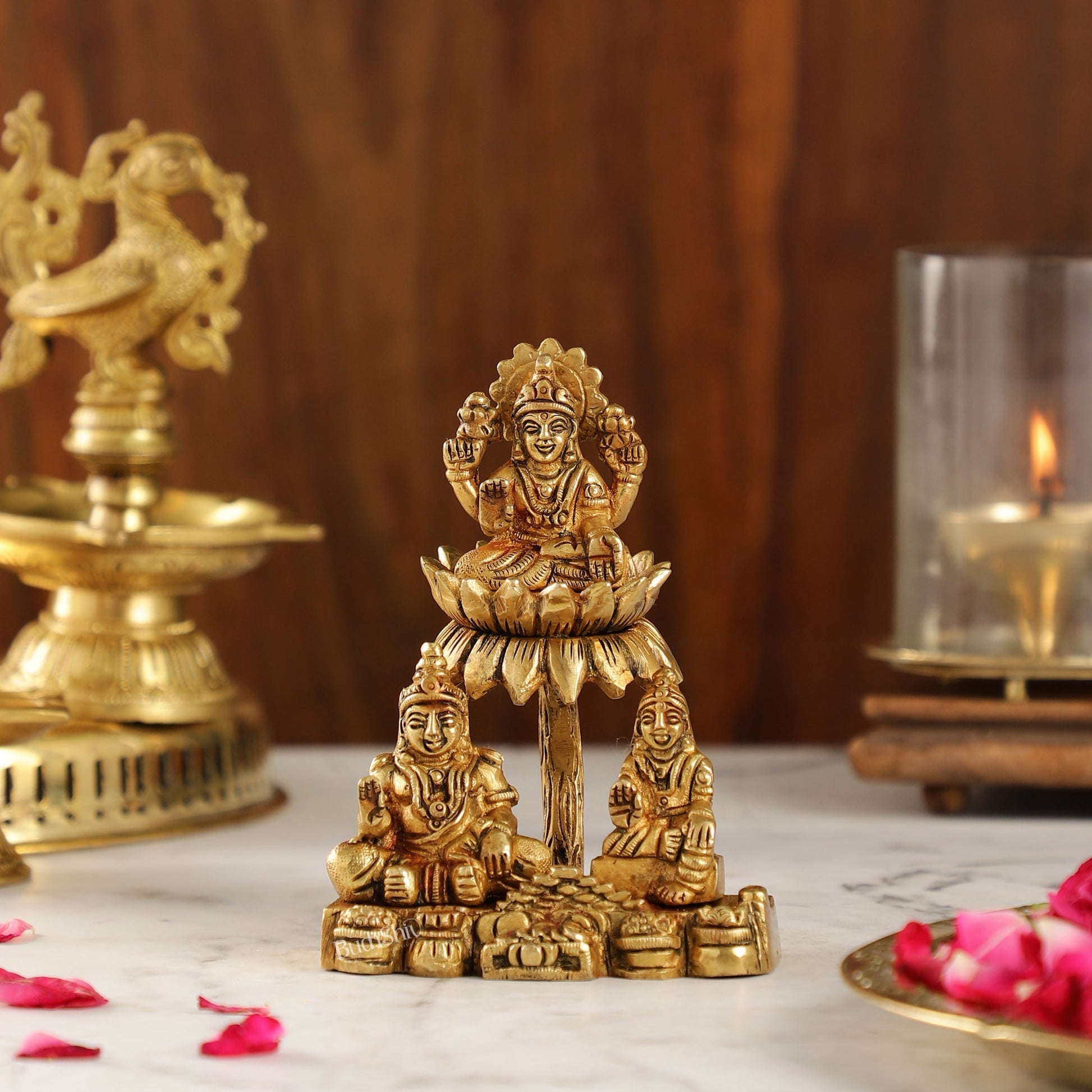Brass Handcrafted Lord Kuber with Goddess Lakshmi and Chitralekha | Wealth and Prosperity Idol | 5" Height