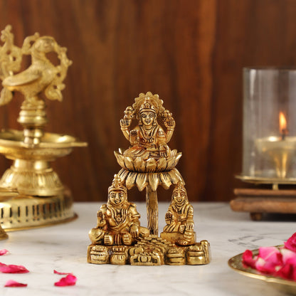 Brass Handcrafted Lord Kuber with Goddess Lakshmi and Chitralekha | Wealth and Prosperity Idol | 5" Height