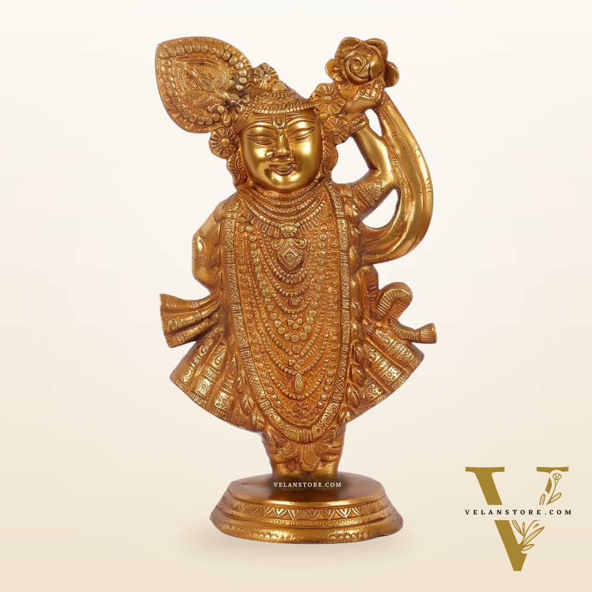 Brass Handcrafted Lord Shrinath Ji Statue | From Nathdwara | Height 13 Inches | Golden Finish