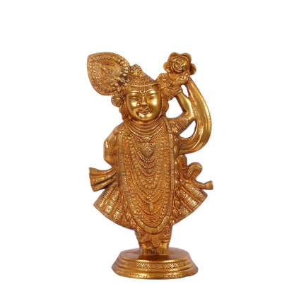 Brass Handcrafted Lord Shrinath Ji Statue | From Nathdwara | Height 13 Inches | Golden Finish