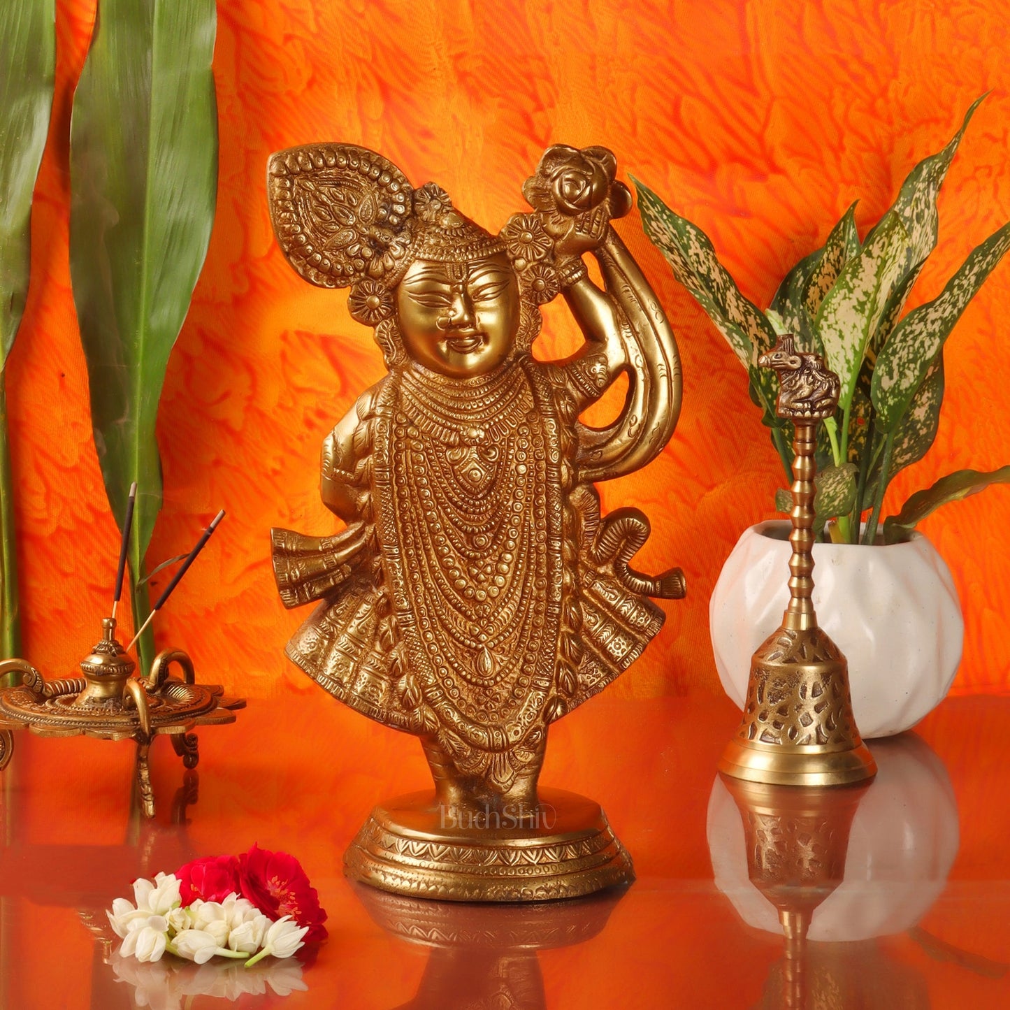 Brass Handcrafted Lord Shrinath Ji Statue | From Nathdwara | Height 13 Inches | Golden Finish