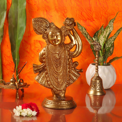 Brass Handcrafted Lord Shrinath Ji Statue | From Nathdwara | Height 13 Inches | Golden Finish