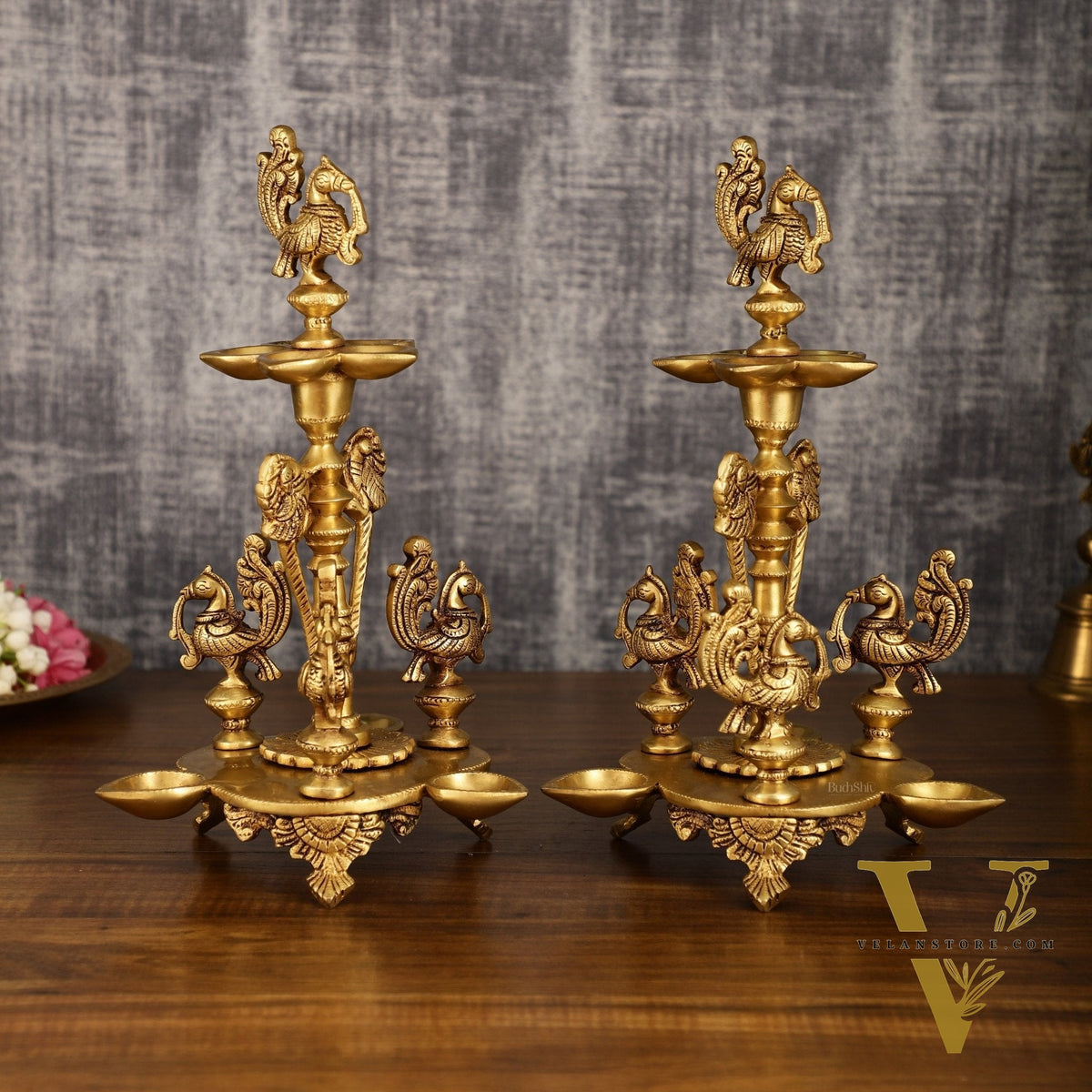 Brass Handcrafted Peacock Diya with Eight Diyas | 12 Inch Height