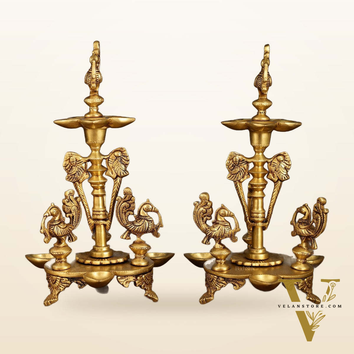 Brass Handcrafted Peacock Diya with Eight Diyas | 12 Inch Height