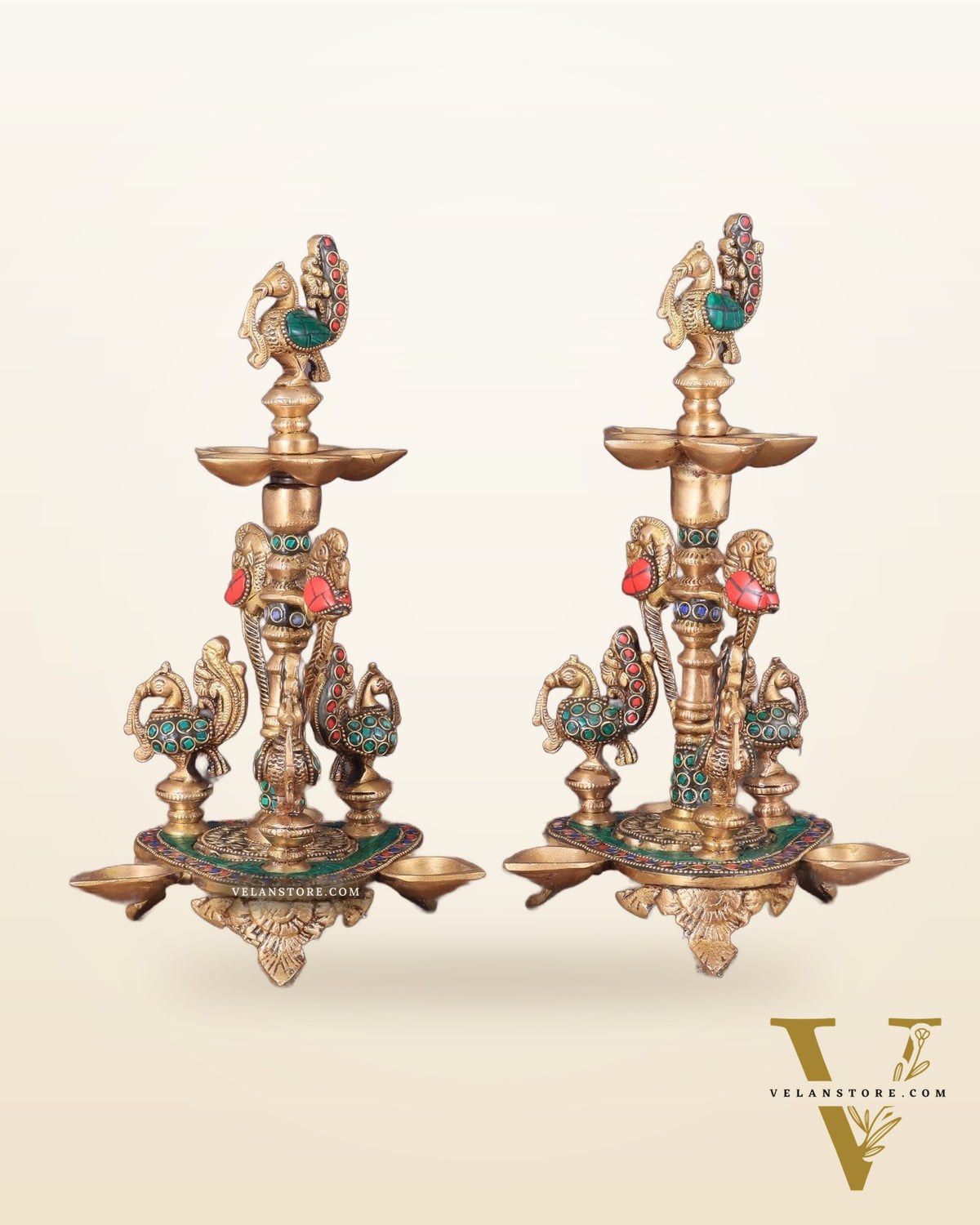 Brass Handcrafted Peacock Diya with Eight Diyas | 12 Inch
