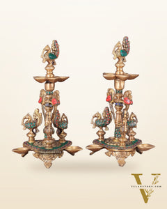 Brass Handcrafted Peacock Diya with Eight Diyas | 12 Inch