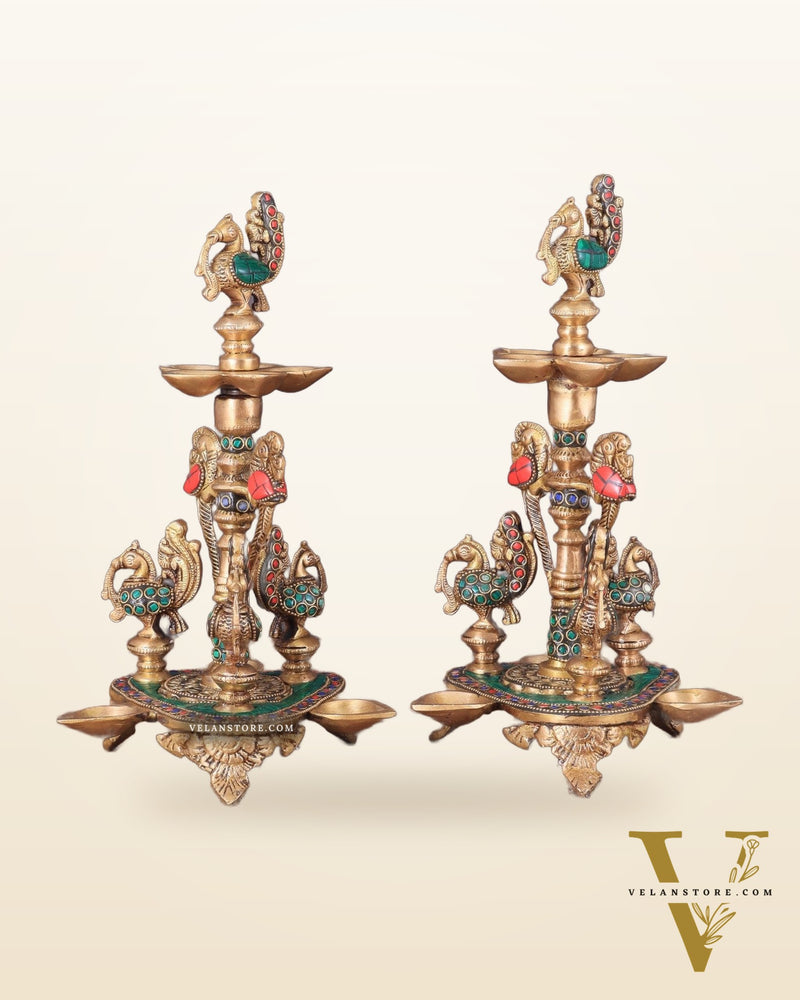 Brass Handcrafted Peacock Diya with Eight Diyas | 12 Inch