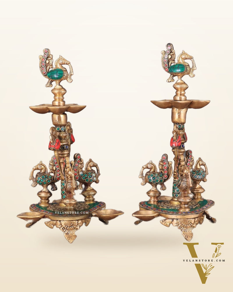 Brass Handcrafted Peacock Diya with Eight Diyas | 12 Inch