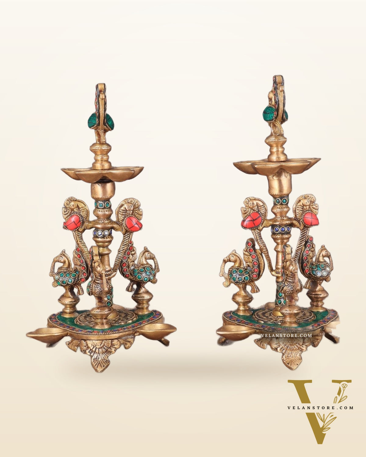 Brass Handcrafted Peacock Diya with Eight Diyas | 12 Inch