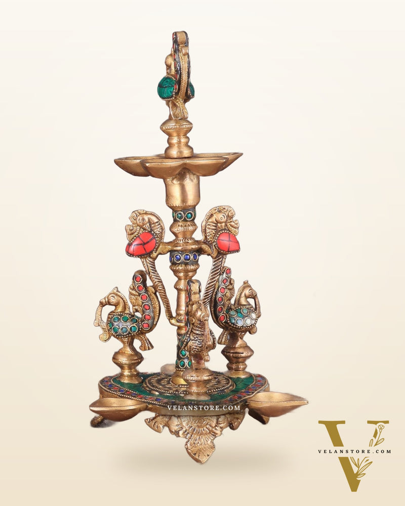 Brass Handcrafted Peacock Diya with Eight Diyas | 12 Inch