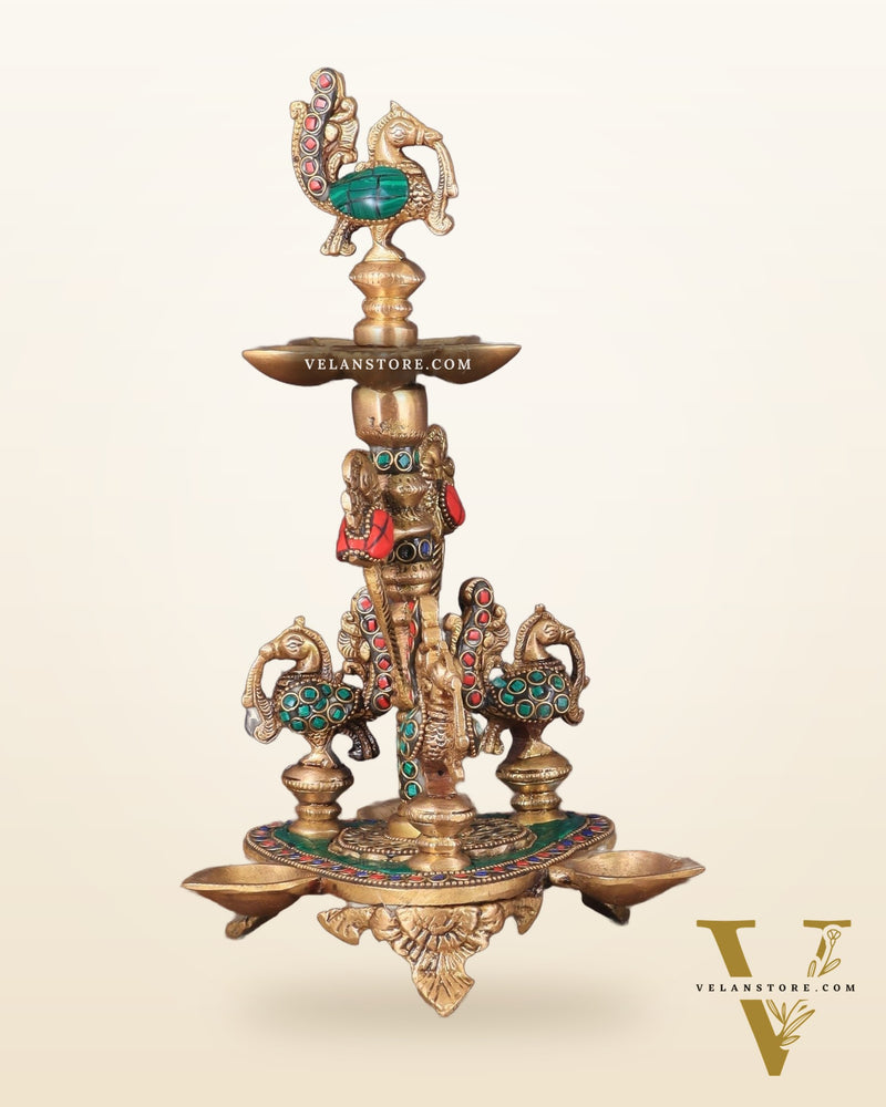 Brass Handcrafted Peacock Diya with Eight Diyas | 12 Inch